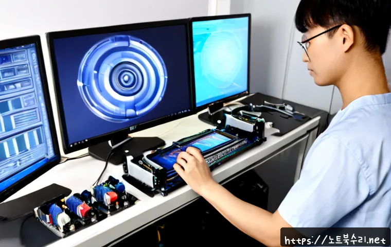 기배동 HARDWARE_MEMORY_FAILURE - Photorealistic IT technician diagnosing a desktop workstation with its side panel removed, carefully...