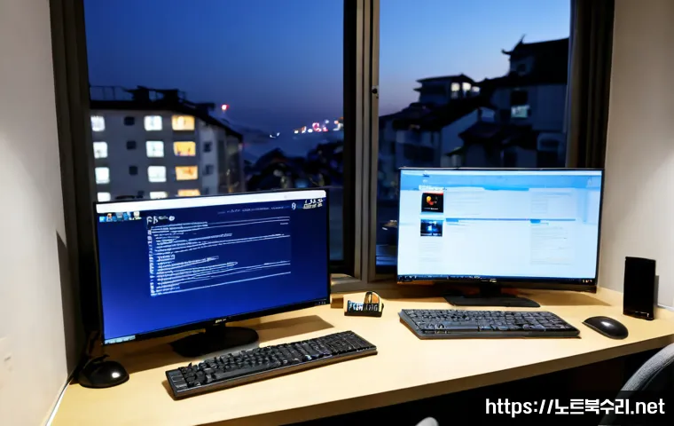 시흥동 DRIVER_POWER_STATE_FAILURE - Photorealistic remote-support workstation in a modest Siheung-dong apartment office, dual monitors f...