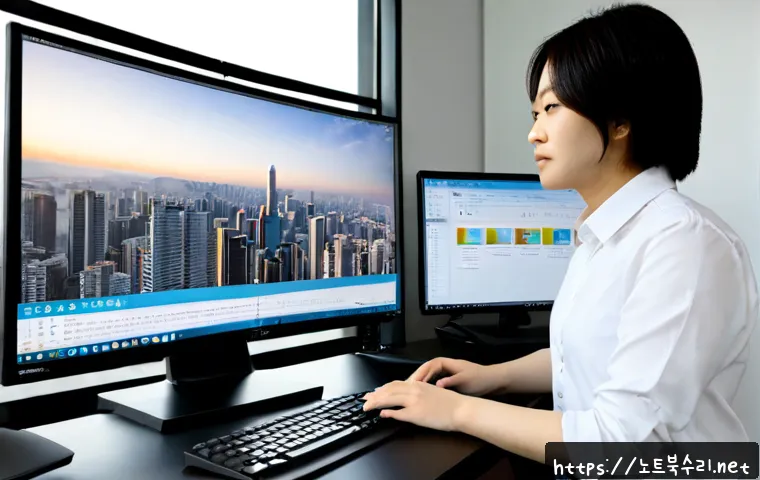 상록구 DEVICE_DRIVER_MISMATCH - Photorealistic IT support workstation in a modern Ansan office, dual monitors showing abstract hardw...