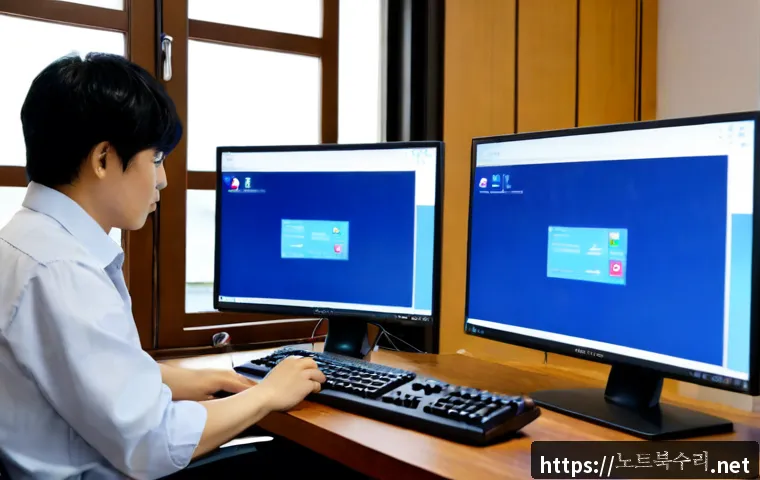 화도면 WATCHDOG_VIOLATION - Photorealistic remote-support workstation in a quiet Hwadomyeon home office, dual monitors with a bl...
