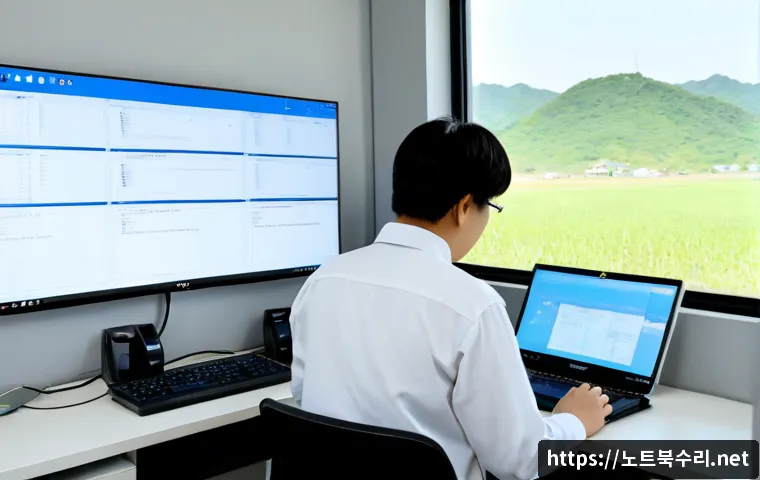 군내면 STATUS_FLOAT_OVERFLOW - Photorealistic remote-support workstation in a quiet Gunnae-myeon office, dual monitors displaying a...