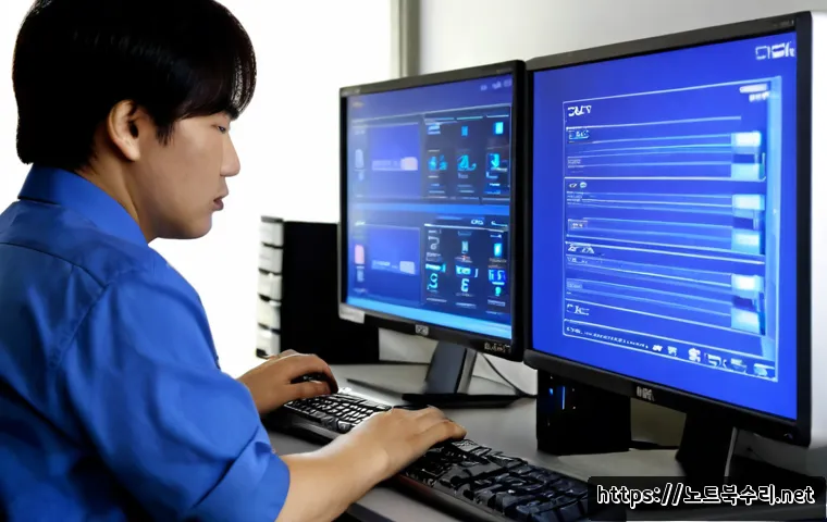 삼동 STATUS_KERNEL_THREAD_FAILURE - Photorealistic IT support workstation in Samdong, Seoul, dual monitors showing a blank cobalt-blue s...