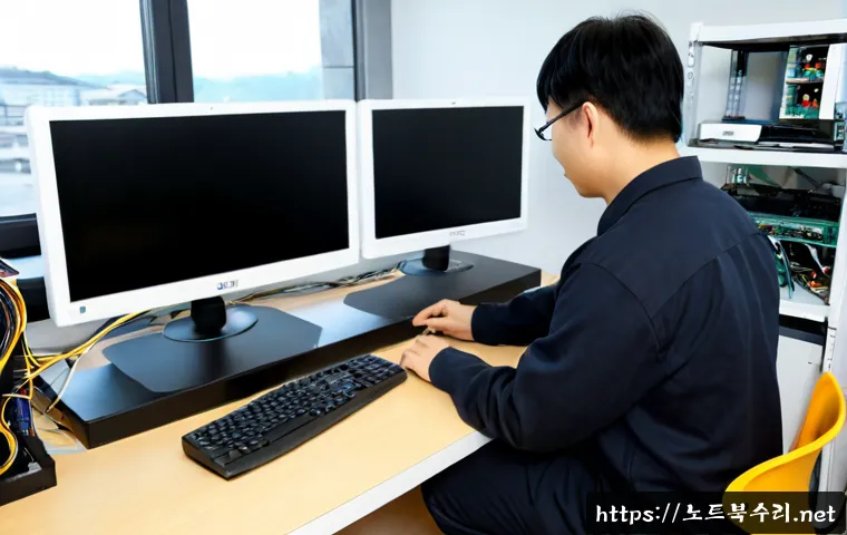 공항동 중고컴퓨터 pc 출장판매설치 - Photorealistic compact electronics workshop near an airport-side residential district, technician in...