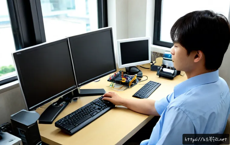시흥동 STATUS_KERNEL_PERMISSION_DENIED - Photorealistic IT support workstation in Siheung-dong, Seoul, showing a desktop computer with a blan...