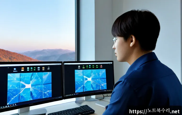 대야미동 DPC_WATCHDOG_VIOLATION - Photorealistic IT support workstation in Daeyami-dong, dual monitors showing a frozen blue diagnosti...