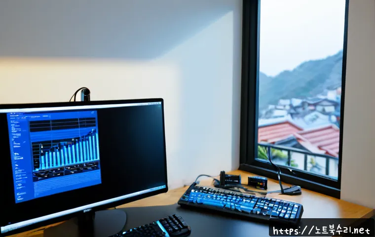 홍은동 IRQL_NOT_LESS_OR_EQUAL - Photorealistic IT support workstation in a compact hillside apartment office, desktop monitor showin...