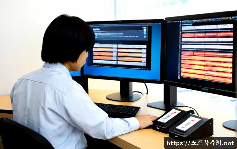 법곳동 STATUS_FILE_WRITE_FAILURE - Photorealistic IT support workstation in a compact riverside district office, dual monitors showing ...
