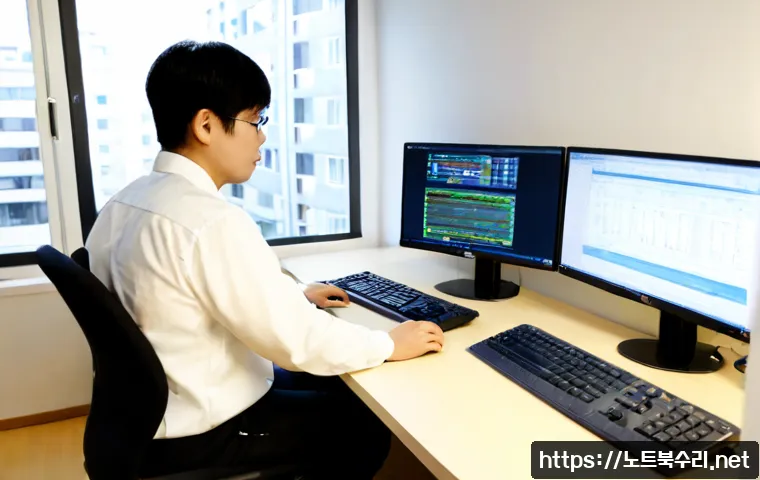 심곡본동 STATUS_KERNEL_LOG_FAILURE - Photorealistic IT support workstation in a compact Korean neighborhood office, dual monitors showing...