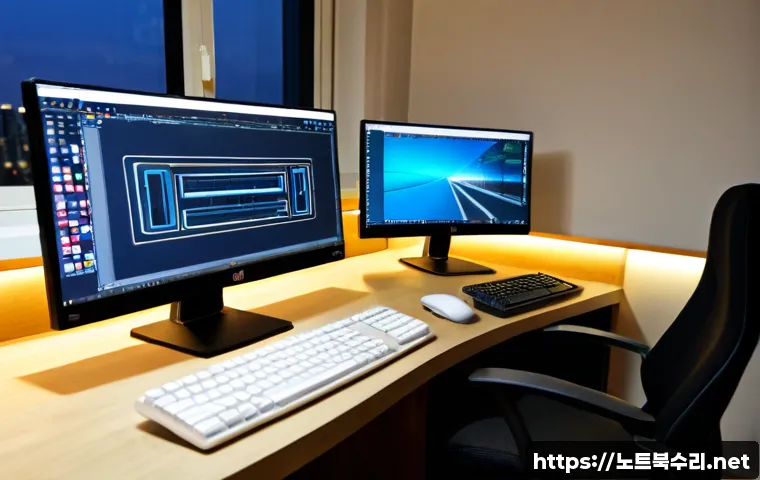마두동 STATUS_SYSTEM_LICENSE_INVALID - Photorealistic software design workstation in a modern apartment office, dual monitors showing abstr...