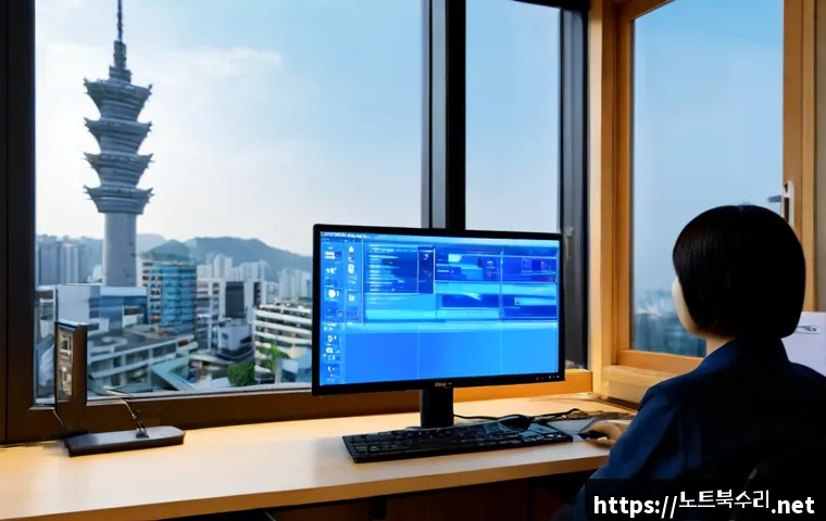북수동 STATUS_KERNEL_THREAD_TIMEOUT - Photorealistic IT support workstation in a compact Buksu-dong apartment office, desktop monitor show...