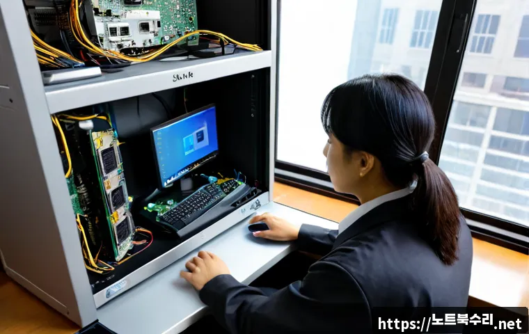 공평동 bootdevice - Photorealistic IT support workstation in a compact historic downtown office, technician diagnosing a...