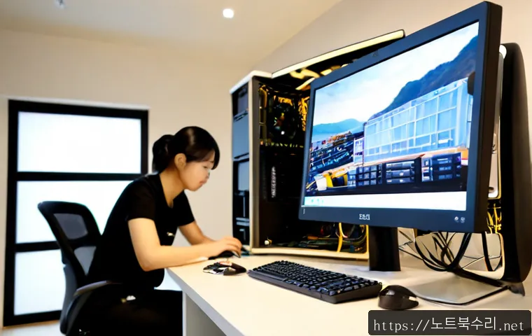 사간동 프리도스 윈도우설치 - Photorealistic desktop workstation in a compact Sagandong creative studio, unbranded tower PC with s...