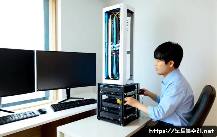 쌍문동 중고컴퓨터 pc 출장판매설치 - Photorealistic apartment home office in Ssangmun-dong, a remote-support technician carefully install...