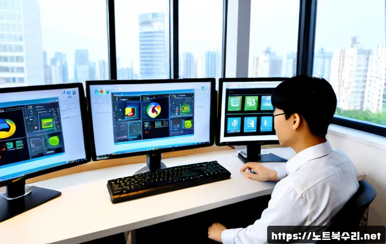성포동 STATUS_IMAGE_NOT_FOUND - Photorealistic Korean IT support specialist working at a dual-monitor workstation in a bright compac...
