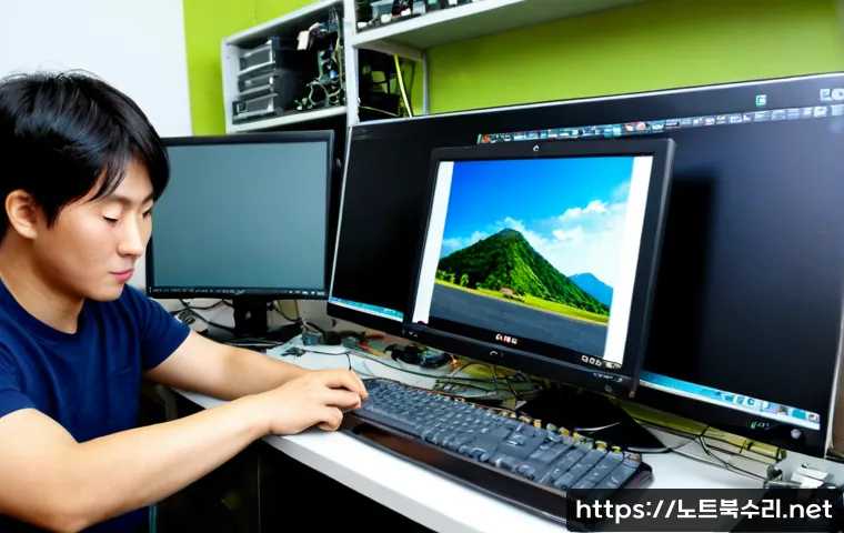서대문구 HDD조립 및 교체수리 - Photorealistic computer repair workstation in Seodaemun-gu, technician carefully installing a new