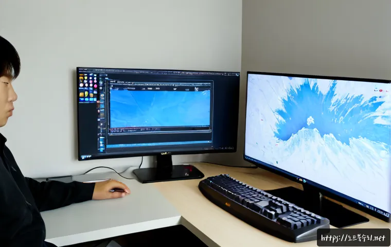 율천동 STATUS_STACK_OVERFLOW - Photorealistic IT support workstation in a compact Yulcheon-dong apartment office, dual monitors sho...