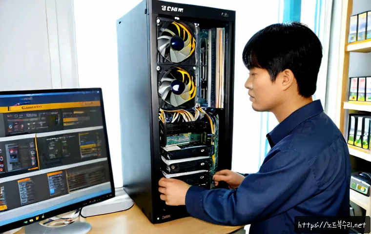 목감동 파워조립 및 교체수리 - Photorealistic computer repair workstation in a compact Mokgam-dong electronics shop, technician ins...