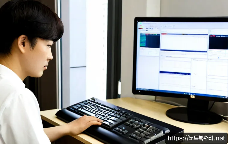 궁내동 자동복구 - Photorealistic IT technician restoring a desktop workstation in a compact Gungnae-dong office, dual ...