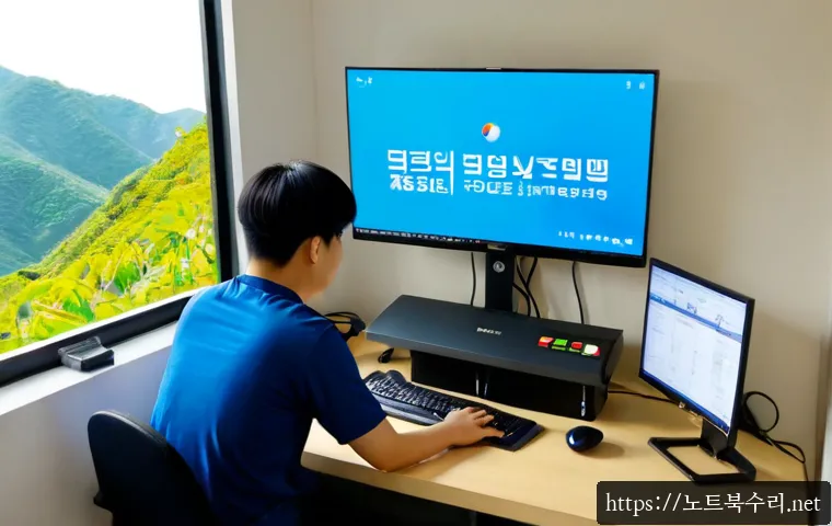 시천동 STATUS_PAGE_FAULT - Photorealistic remote-support workstation in a compact Korean apartment office, dual monitors showin...