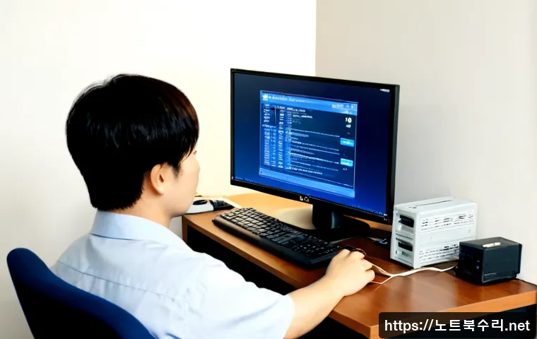 작전동 pc에 문제가 발생하여 다시 시작해야 합니다 - Photorealistic IT support scene in a compact Jakjeon-dong apartment office, desktop monitor showing ...