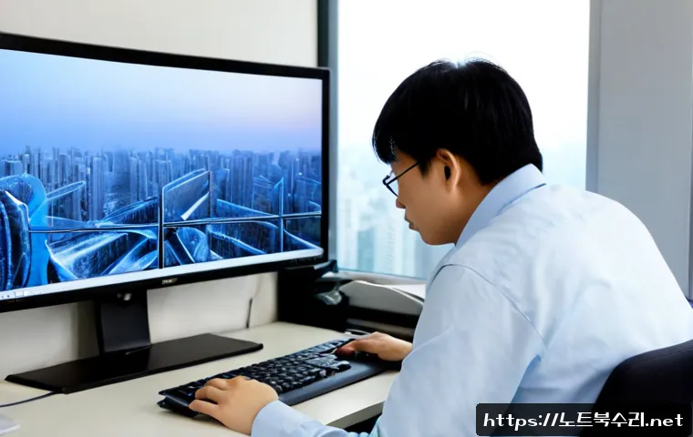 교하동 SYSTEM_SERVICE_EXCEPTION - Photorealistic modern desktop workstation in a quiet Gyoha-dong apartment office, dual monitors show...