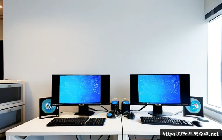 지곶동 STATUS_KERNEL_DATA_CORRUPTION - Photorealistic IT support workstation in a quiet Jigok-dong apartment office, dual monitors showing ...