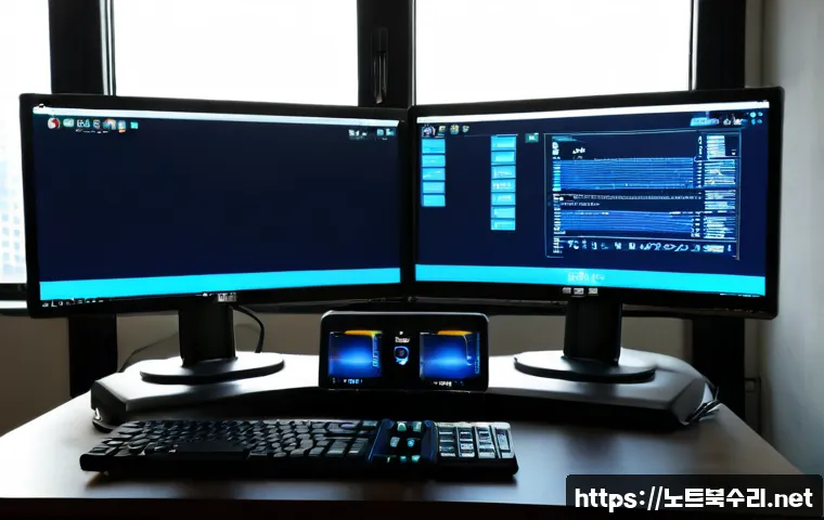 송산동 ACPI_BIOS_ERROR - Photorealistic IT support workstation in a Songsa-dong apartment office, dual monitors with one show...