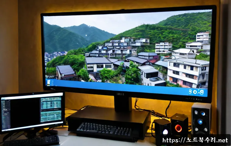난곡동 STATUS_IMAGE_CHECKSUM_MISMATCH - Photorealistic IT support workstation in a compact hillside apartment, dual monitors showing a corru...