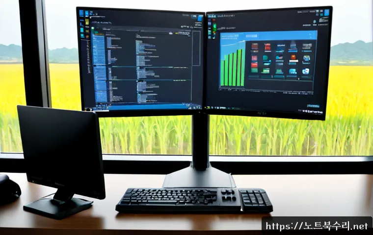 선원면 STATUS_KERNEL_BOOT_FAILURE - Photorealistic remote IT support workstation in a quiet Korean countryside office, dual monitors wit...