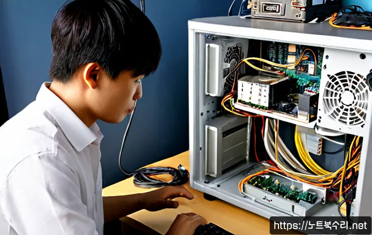 우이동 본체 꺼졌다 켜졌다 할때 - Photorealistic desktop PC repair scene in a quiet Uidong apartment, tower case repeatedly restarting...