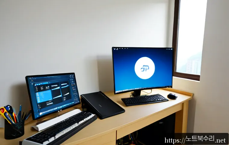 약수동 pc복구중 - Photorealistic PC recovery workstation in a compact hillside apartment office near Yaksu-dong, techn...