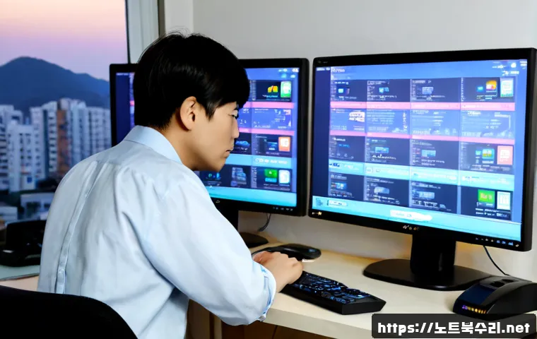 탑동동 KERNEL_MODE_HEAP_CORRUPTION - Photorealistic remote-support workstation in a compact Topdong-dong apartment office, dual monitors ...