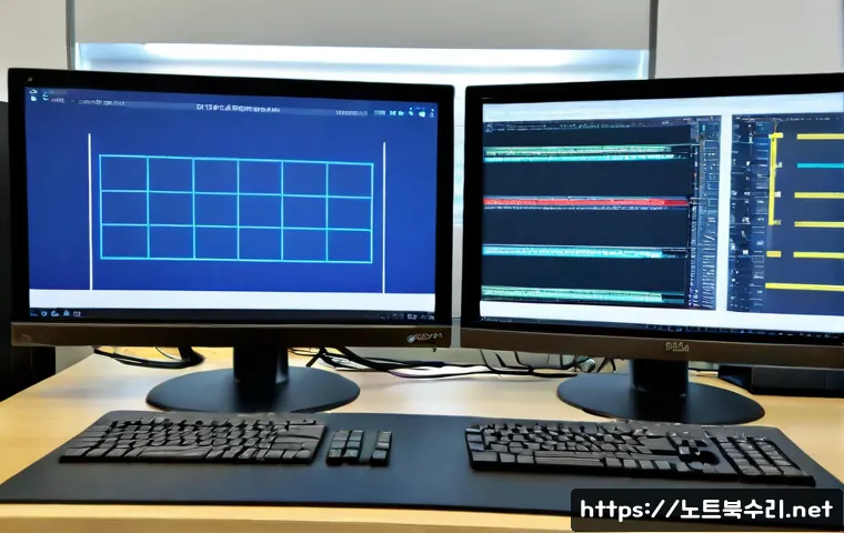 송죽동 NDIS_INTERNAL_ERROR - Photorealistic IT support workstation in a modern Suwon office, dual monitors showing a blank blue s...