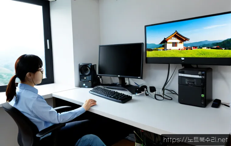 진건읍 STATUS_FILE_IN_USE - Photorealistic remote-support workstation in a quiet suburban Korean office, dual monitors showing a...