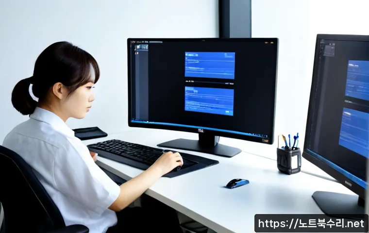 금오동 HAL_INITIALIZATION_FAILED - Photorealistic IT support workstation in a compact Geum-o-dong office, dual monitors showing a blank...