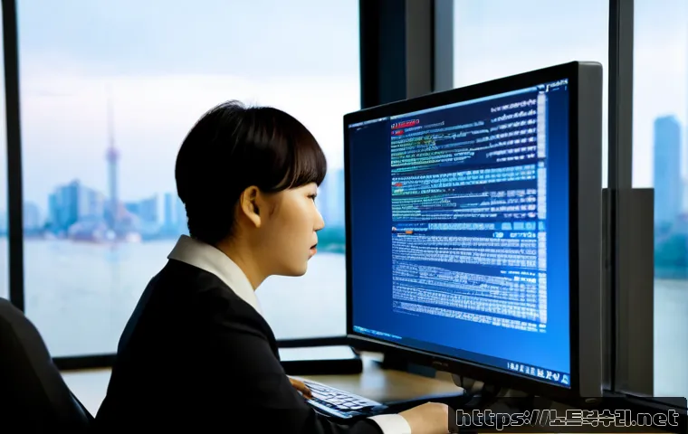 여의도 STATUS_FILE_WRITE_FAILURE - Photorealistic modern office workstation in Yeouido, stressed IT professional reviewing a file trans...