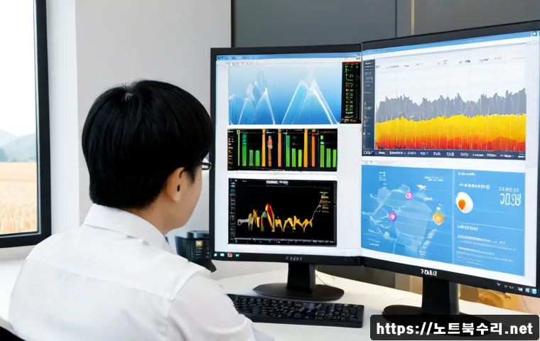 이천시 STATUS_KERNEL_RESOURCE_ERROR - Photorealistic IT support workstation in Icheon, dual monitors showing a frozen abstract system dash...