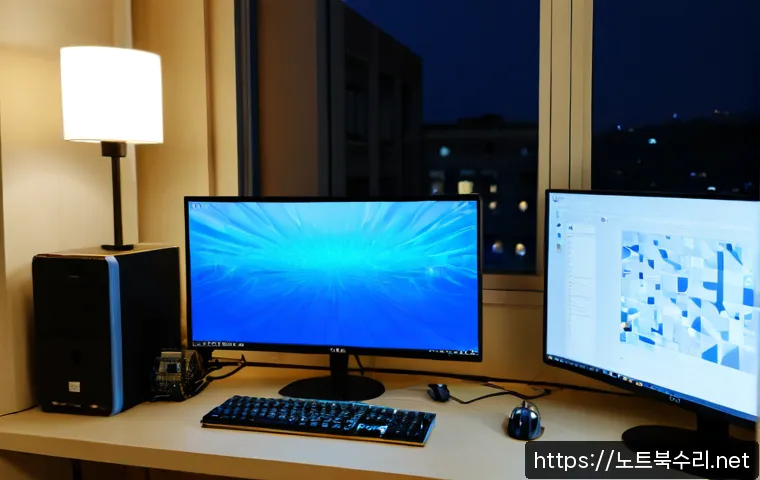 대학동 WIN32K_LOCK_HELD_TOO_LONG - Photorealistic university-student workstation in Daehak-dong, dual monitors frozen with abstract blu...
