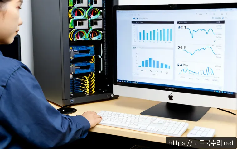 장항동 NAS출장방문수리점 - Photorealistic remote-support technician repairing a compact NAS enclosure on a tidy office workstat...