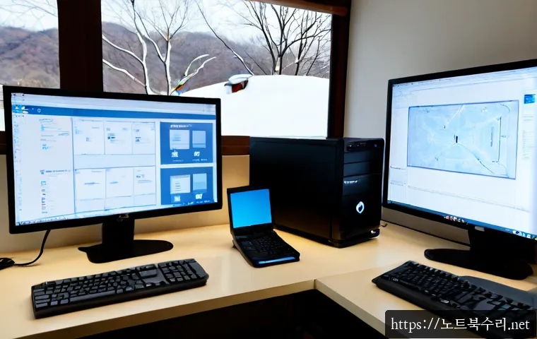옥인동 CLOCK_WATCHDOG_TIMEOUT - Photorealistic remote IT support workstation in a quiet hillside neighborhood studio, dual monitors ...