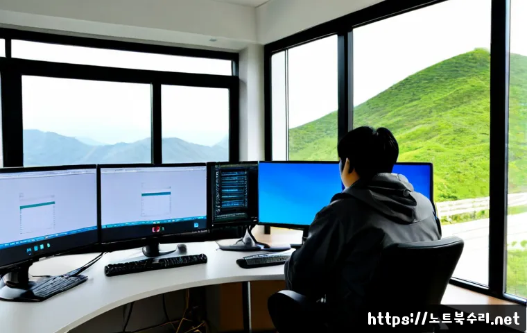 광명시 STATUS_INSUFFICIENT_RESOURCES - Photorealistic remote support workstation in a modern Gwangmyeong apartment office, dual monitors sh...