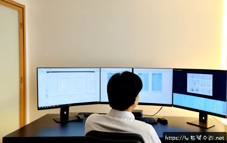 감일동 STATUS_PAGEFILE_MISSING - Photorealistic IT support workstation in a modern Gamil-dong apartment home office, dual monitors sh...