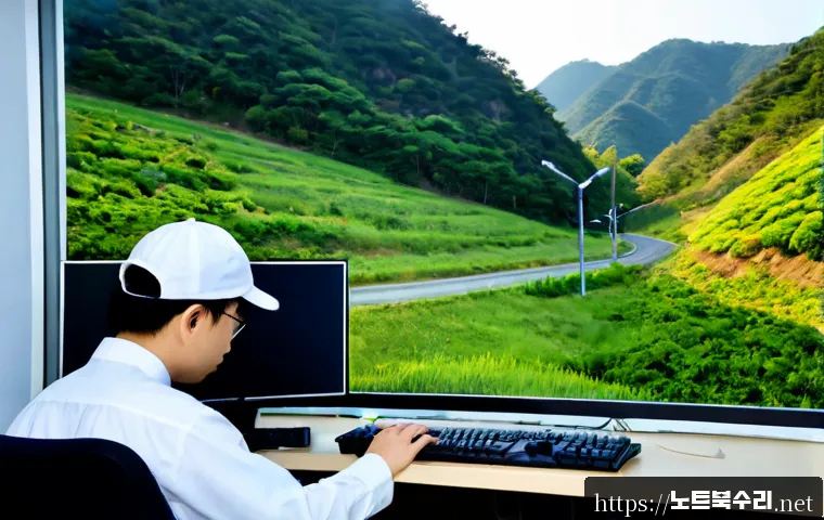 연다산동 STATUS_PROTECTION_ERROR - Photorealistic IT support workstation in a compact Korean office near a quiet hillside neighborhood,...