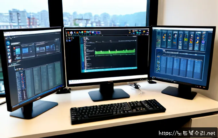 중화동 STATUS_KERNEL_MODULE_NOT_FOUND - Photorealistic IT support workstation in a compact apartment office, dual monitors showing abstract ...