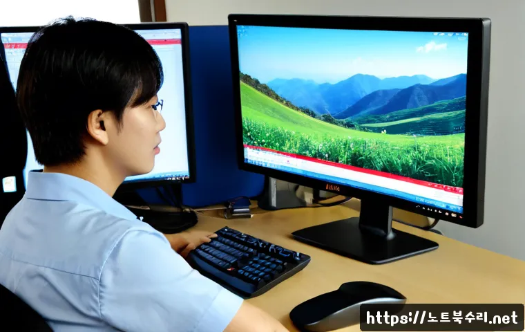 조리읍 STATUS_MODULE_ACCESS_DENIED - Photorealistic IT support workstation in a quiet semi-rural Korean office near low hills, dual monit...