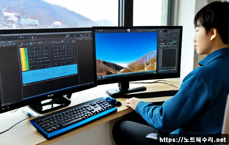 홍지동 STATUS_RESOURCE_NOT_OWNED - Photorealistic remote-support workstation in a quiet hillside apartment, dual monitors showing abstr...