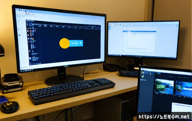 광희동 STATUS_INVALID_IMAGE_FORMAT - Photorealistic IT support workstation in a compact Gwanghui-dong design office, dual monitors showin...
