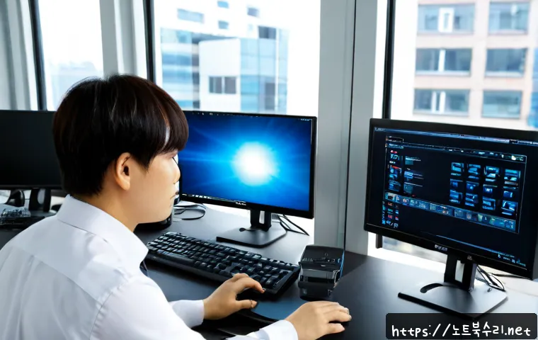 상대원동 윈도우8 windows8 재설치 포맷  초기화 - Photorealistic IT support workstation in a compact Sangwon-dong office, technician reinstalling an o...