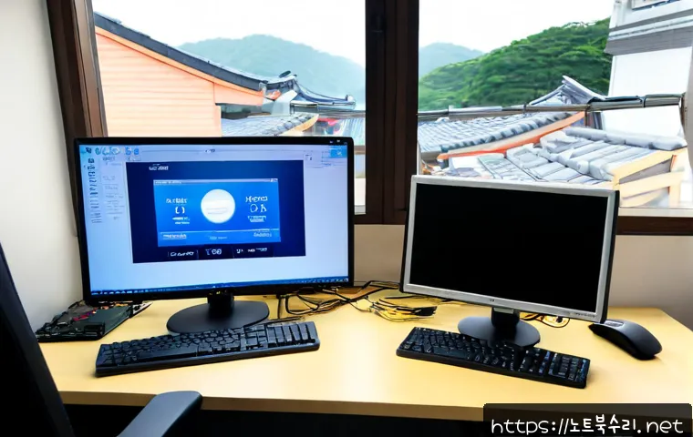 단월동 NDIS_INTERNAL_ERROR - Photorealistic IT support workstation in a quiet Dongwol-dong office, dual monitors showing a blank ...