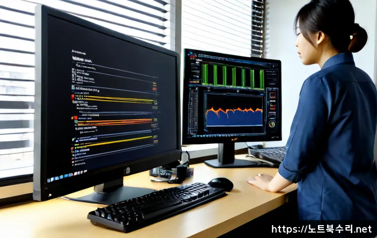 옥산동 STATUS_KERNEL_RESOURCE_ERROR - Photorealistic IT support workstation in a compact Oksan-dong office, dual monitors showing abstract...